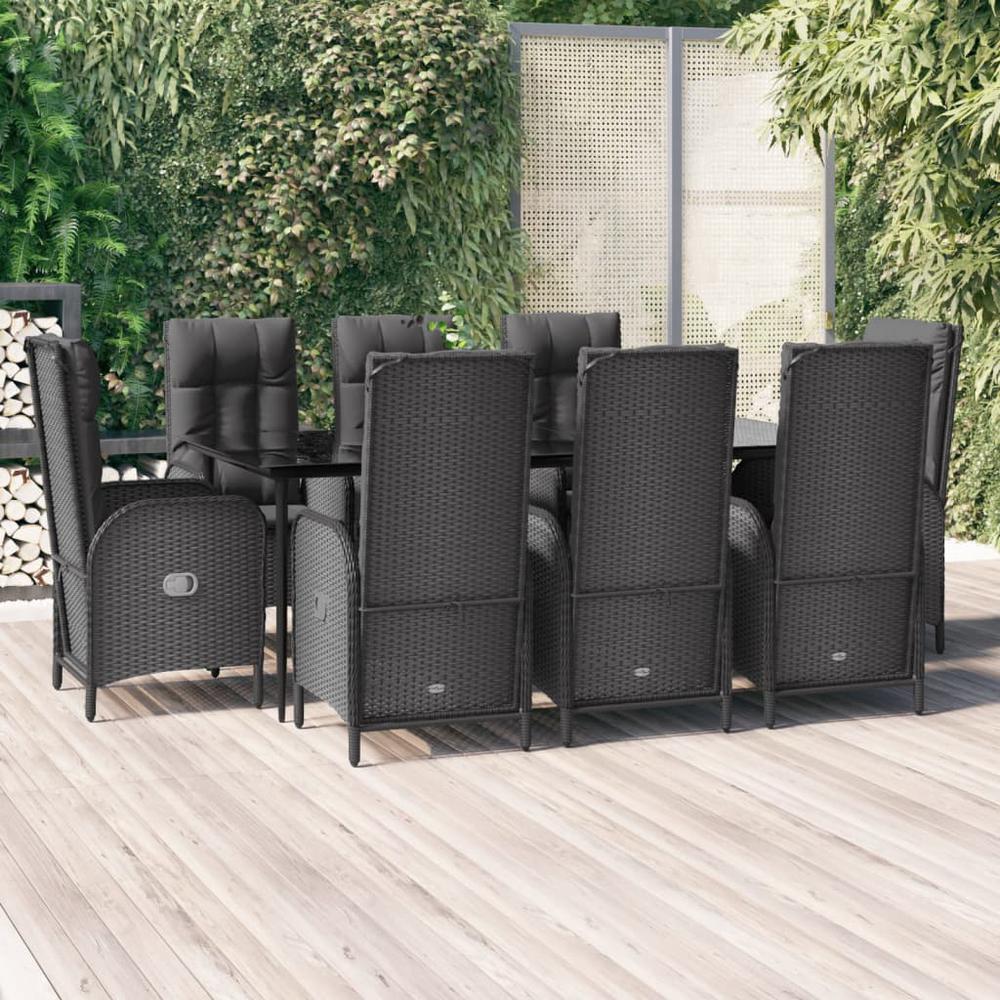 9 Piece Patio Dining Set with Cushions Black Poly Rattan. Picture 10