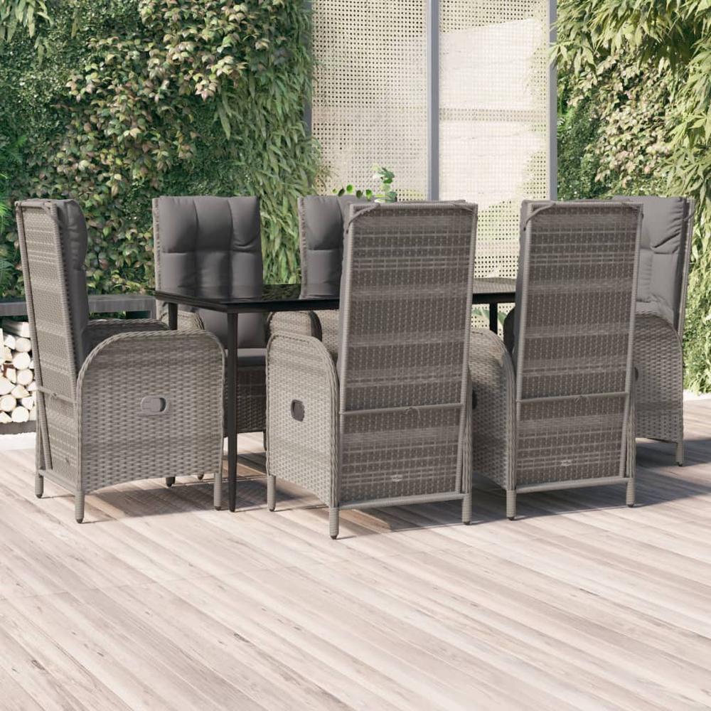 7 Piece Patio Dining Set with Cushions Black and Gray Poly Rattan. Picture 10
