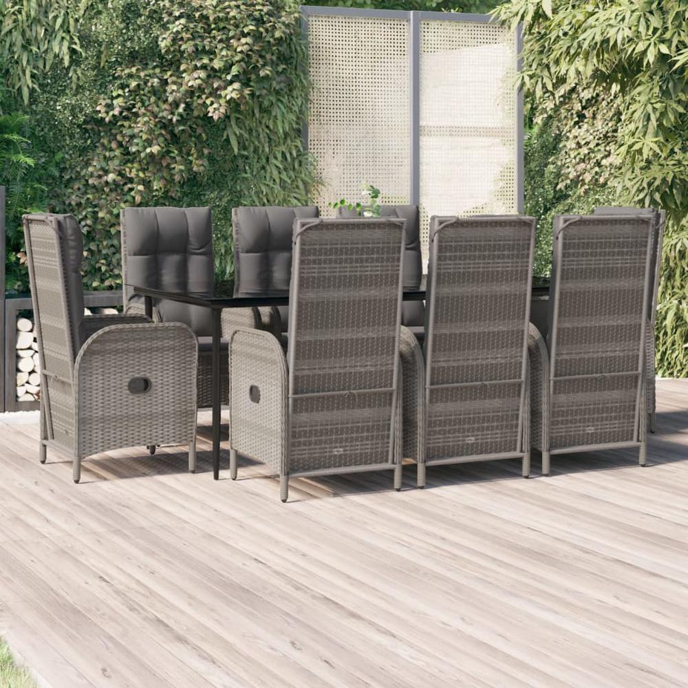 9 Piece Patio Dining Set with Cushions Black and Gray Poly Rattan. Picture 10