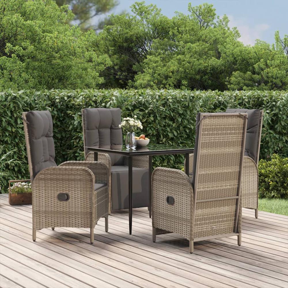 5 Piece Patio Dining Set with Cushions Black and Gray Poly Rattan. Picture 12