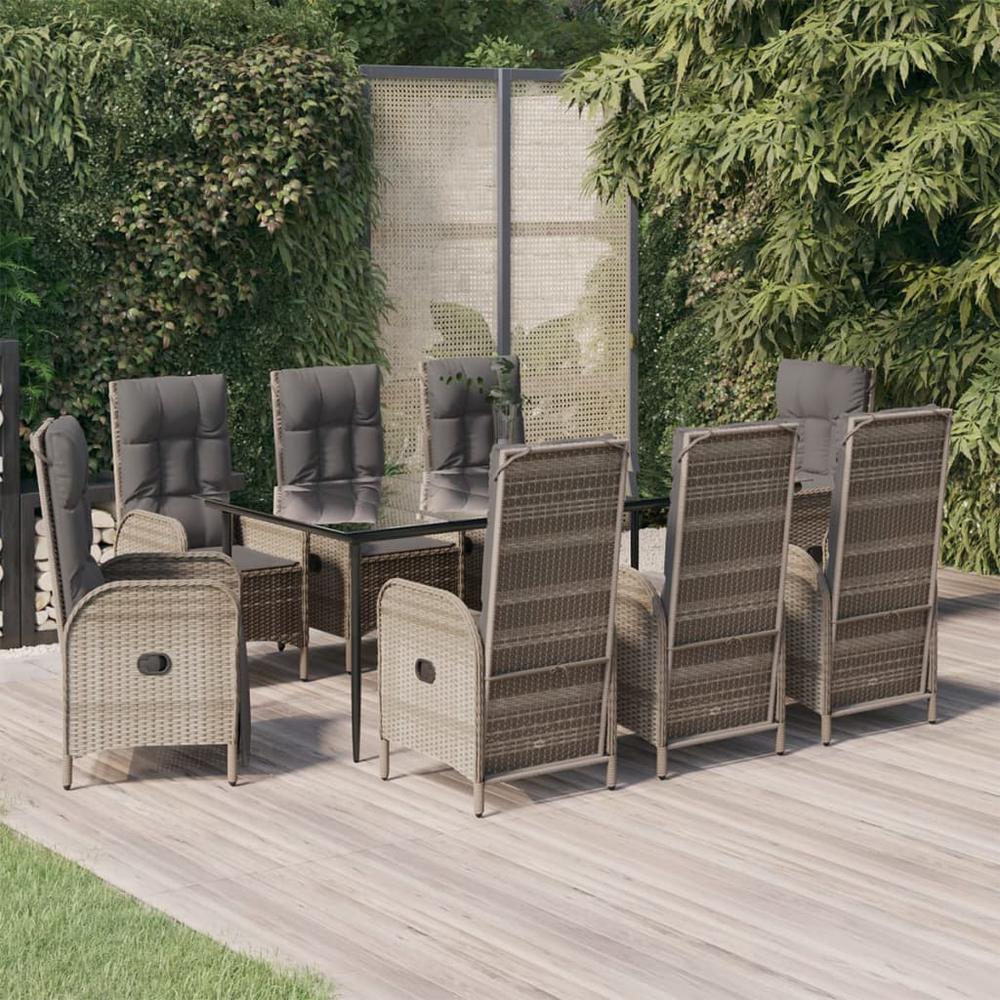 9 Piece Patio Dining Set with Cushions Black and Gray Poly Rattan. Picture 12