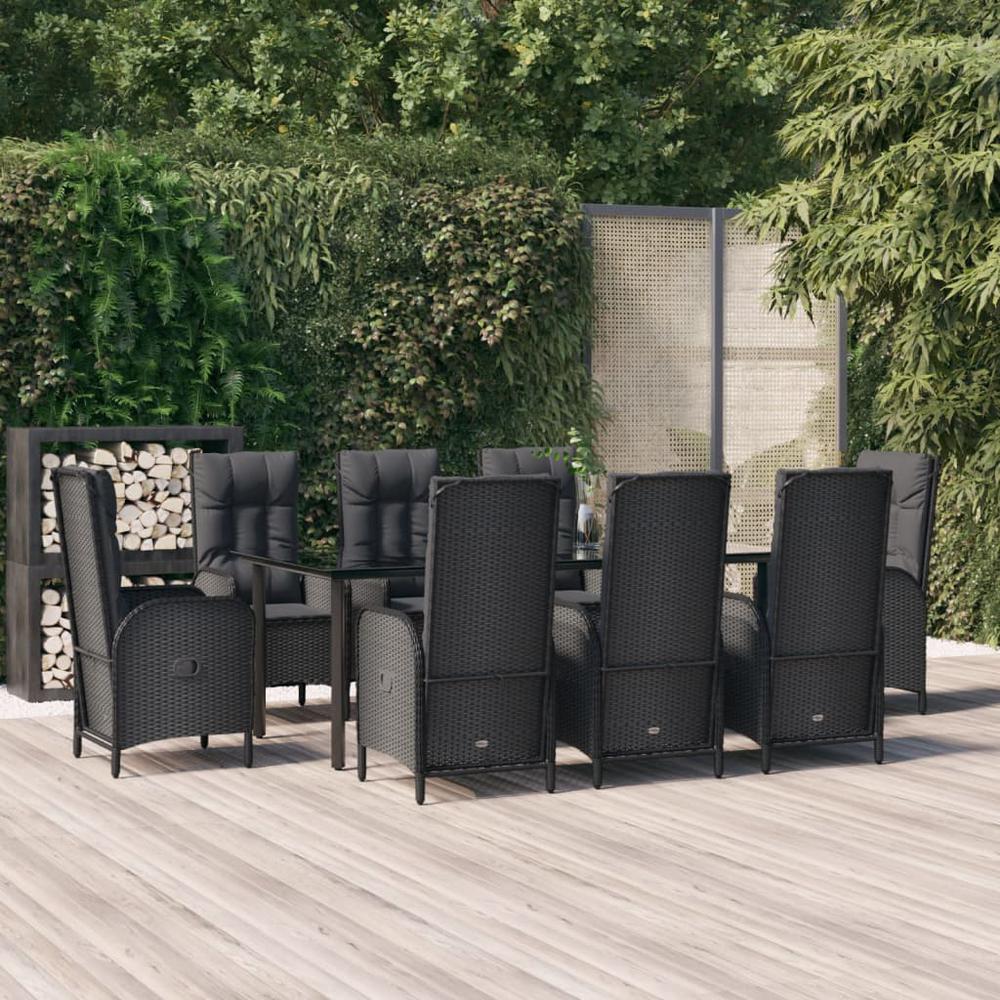 9 Piece Patio Dining Set with Cushions Black Poly Rattan. Picture 11