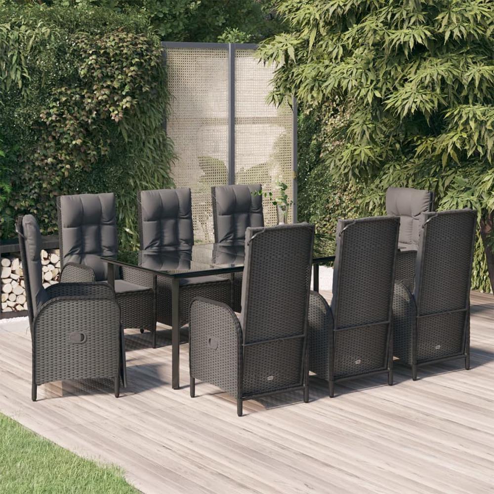9 Piece Patio Dining Set with Cushions Black Poly Rattan. Picture 12