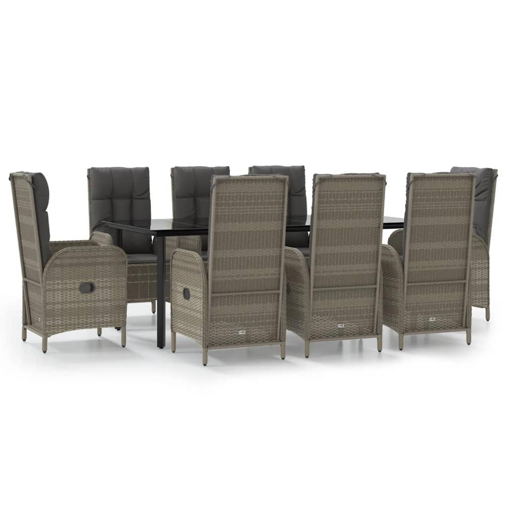 9 Piece Patio Dining Set with Cushions Black and Gray Poly Rattan. Picture 1