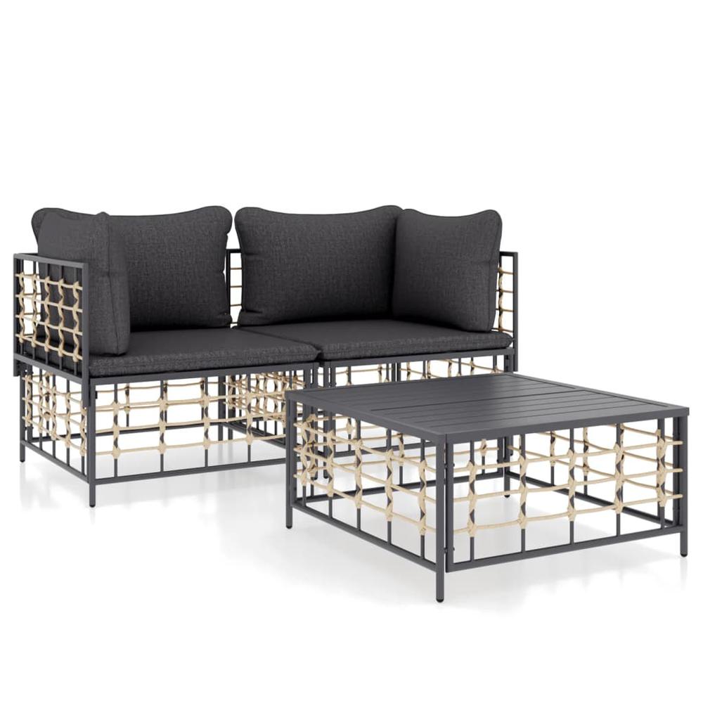 3 Piece Patio Lounge Set with Cushions Anthracite Poly Rattan. Picture 1