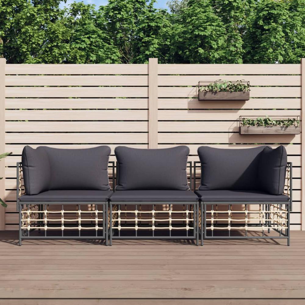 3 Piece Patio Lounge Set with Cushions Anthracite Poly Rattan. Picture 8