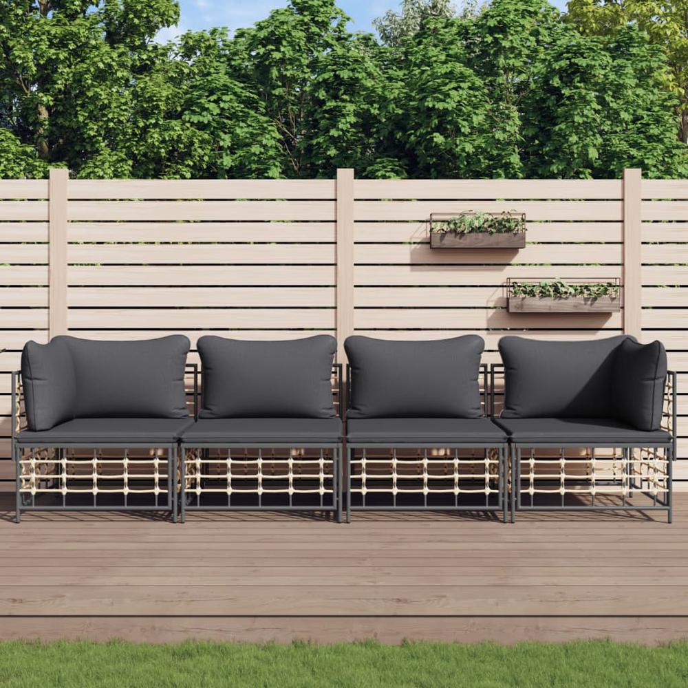 4 Piece Patio Lounge Set with Cushions Anthracite Poly Rattan. Picture 8