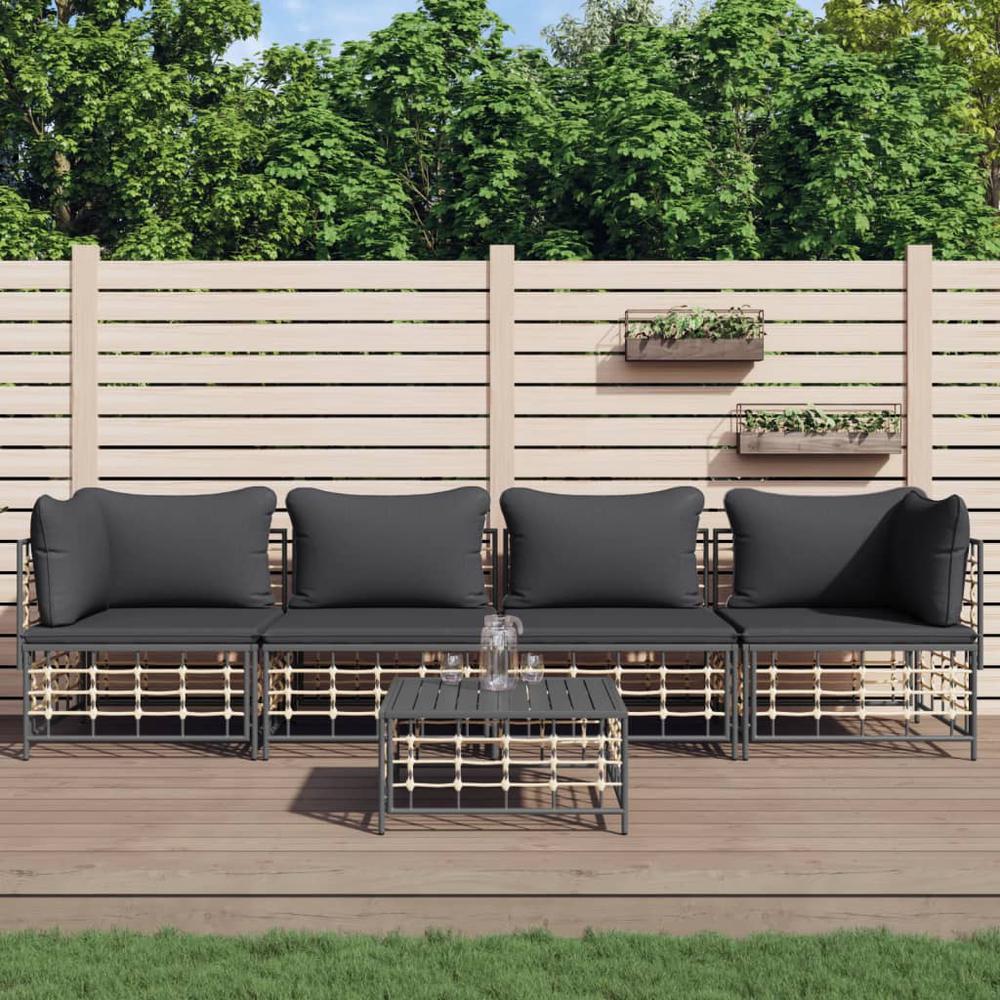 5 Piece Patio Lounge Set with Cushions Anthracite Poly Rattan. Picture 9