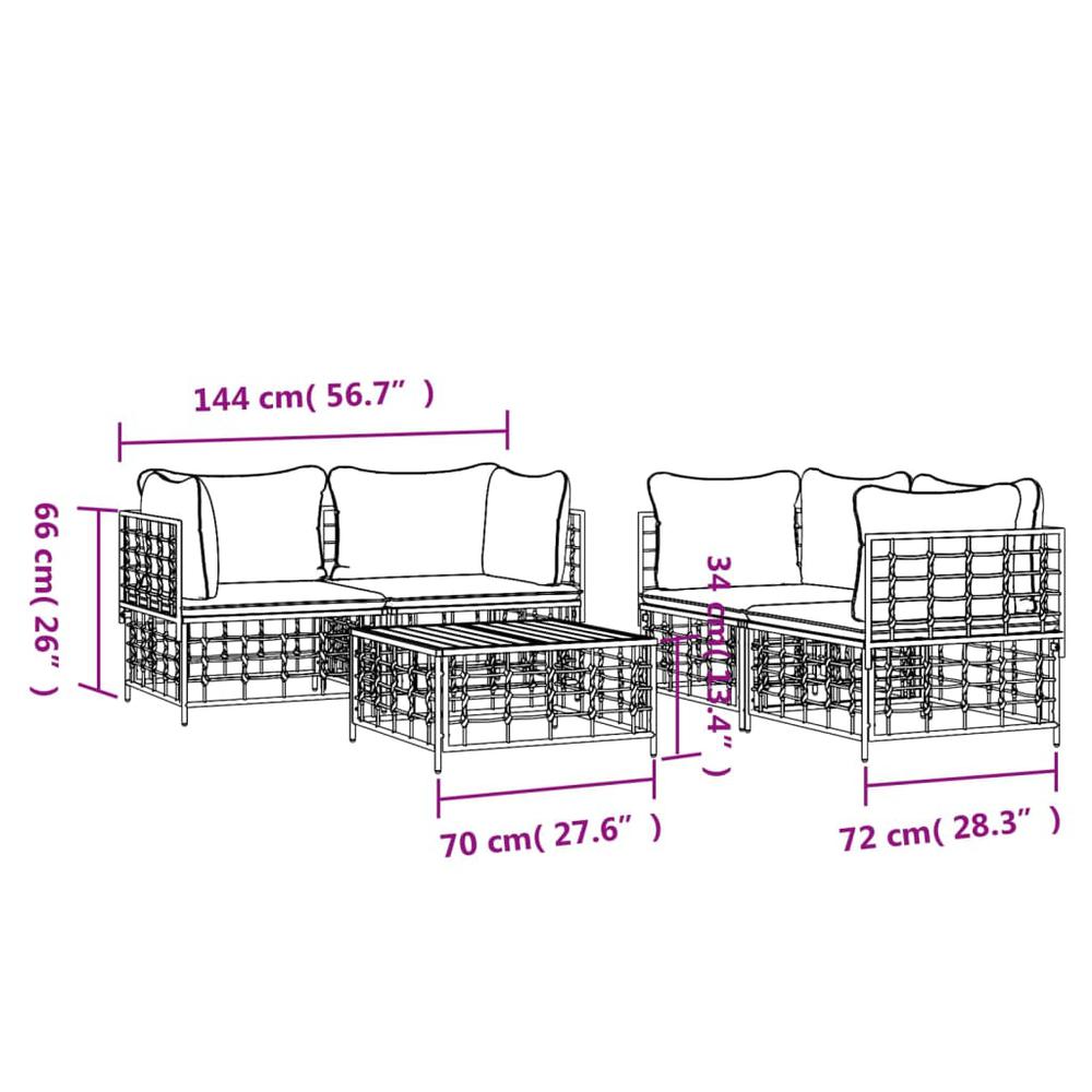 5 Piece Patio Lounge Set with Cushions Anthracite Poly Rattan. Picture 7