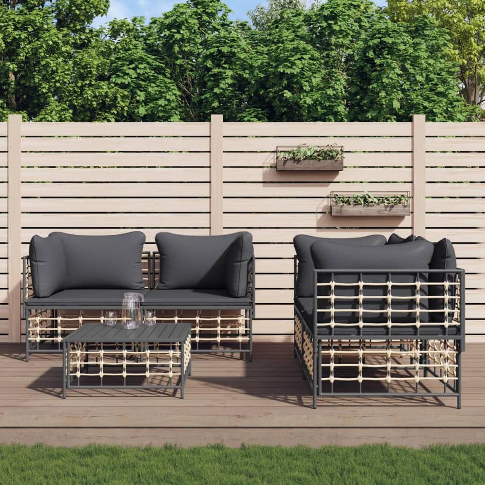 5 Piece Patio Lounge Set with Cushions Anthracite Poly Rattan. Picture 8