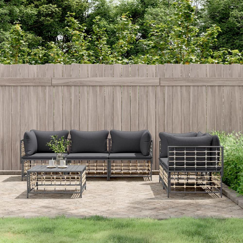 6 Piece Patio Lounge Set with Cushions Anthracite Poly Rattan. Picture 9