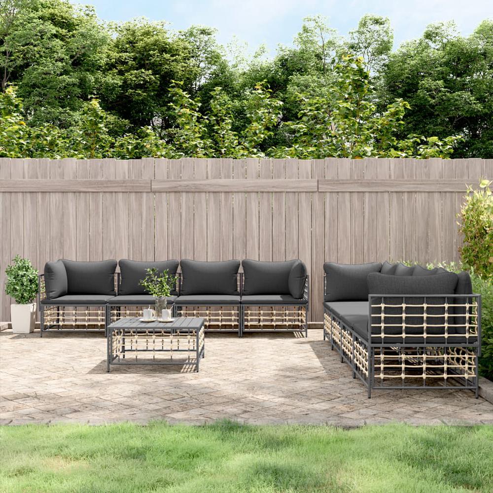 9 Piece Patio Lounge Set with Cushions Anthracite Poly Rattan. Picture 9