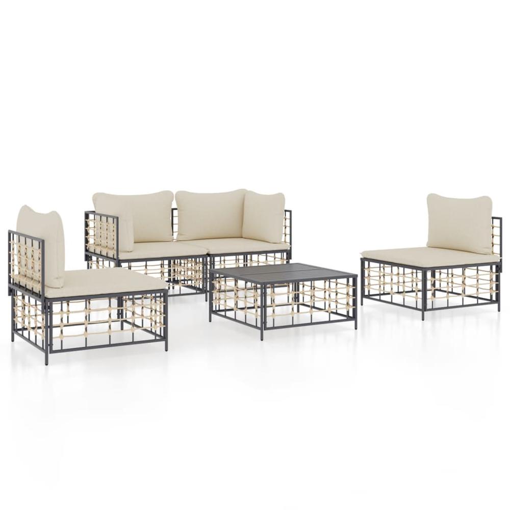 5 Piece Patio Lounge Set with Cushions Anthracite Poly Rattan. Picture 1