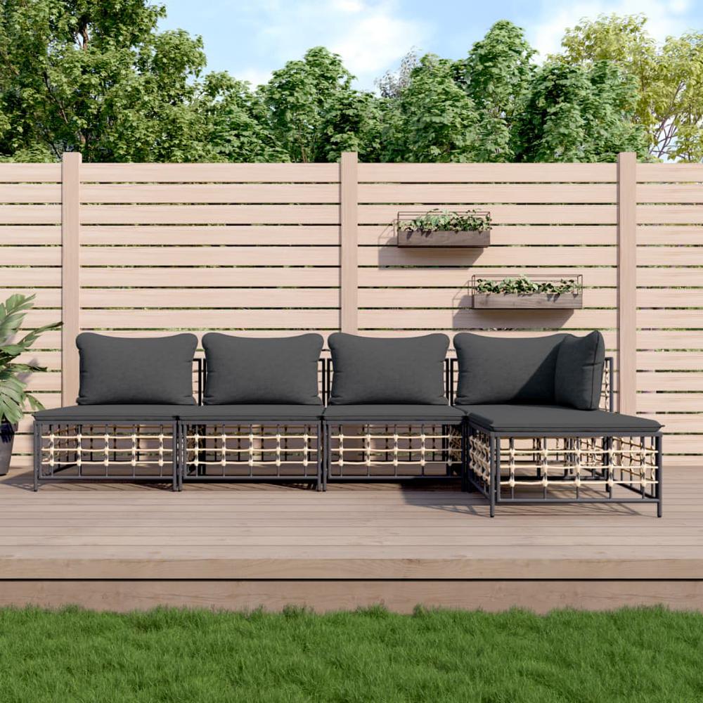 5 Piece Patio Lounge Set with Cushions Anthracite Poly Rattan. Picture 9