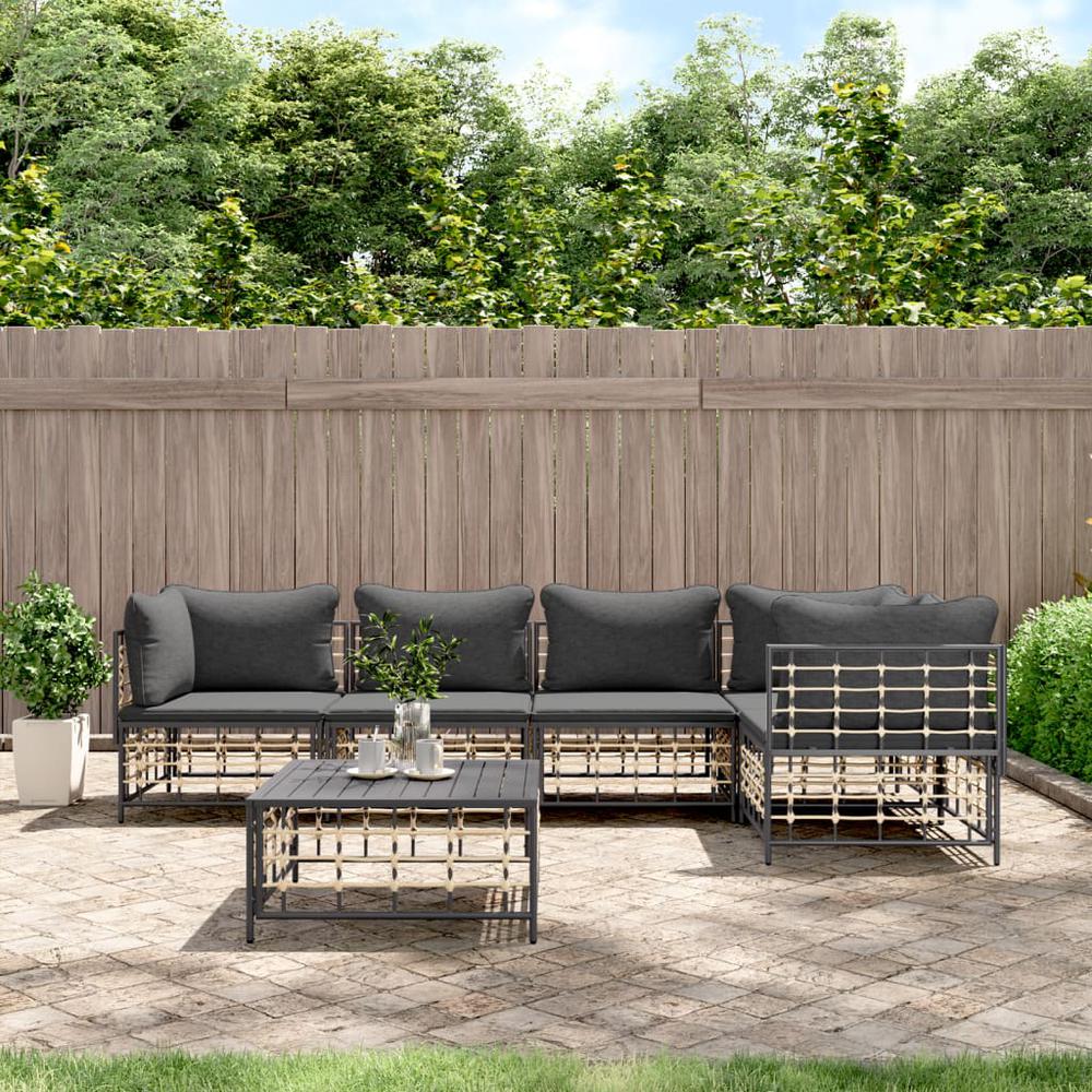 6 Piece Patio Lounge Set with Cushions Anthracite Poly Rattan. Picture 9