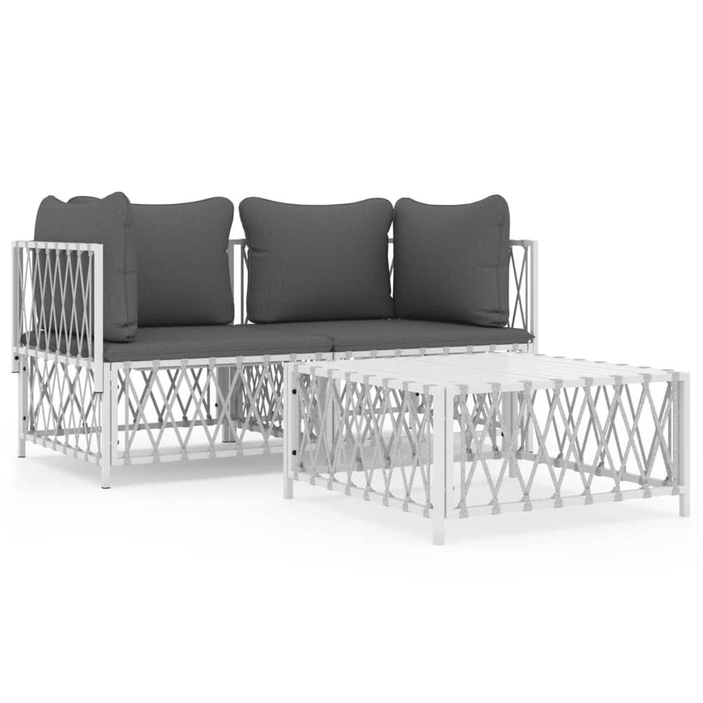3 Piece Patio Lounge Set with Cushions White Steel. Picture 1