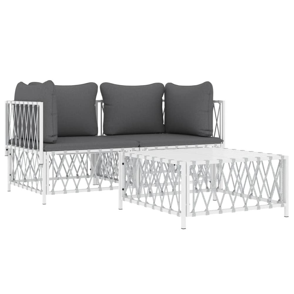 3 Piece Patio Lounge Set with Cushions White Steel. Picture 2