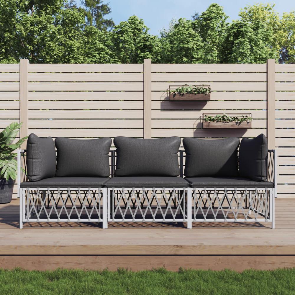 3 Piece Patio Lounge Set with Cushions White Steel. Picture 8