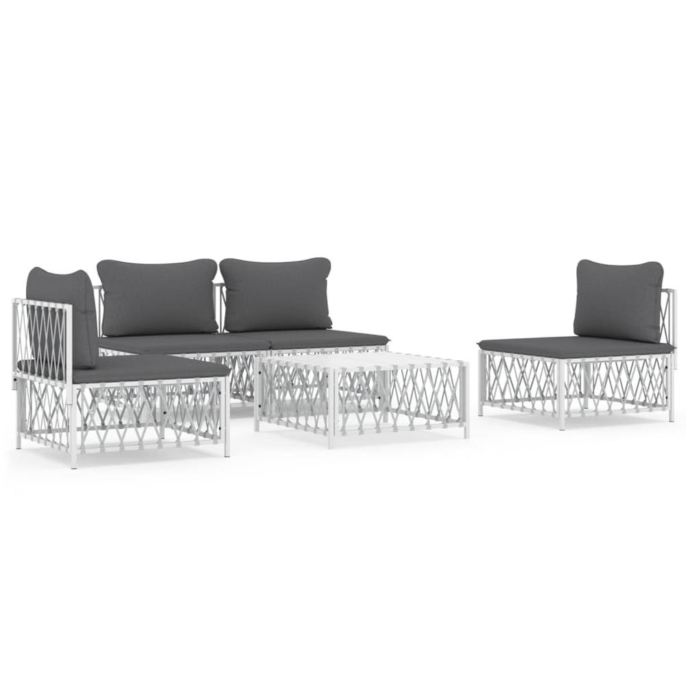 5 Piece Patio Lounge Set with Cushions White Steel. Picture 1