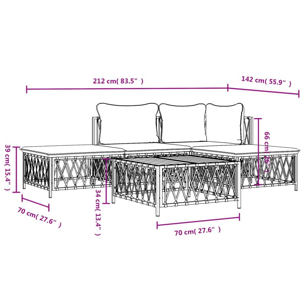 5 Piece Patio Lounge Set with Cushions White Steel. Picture 9