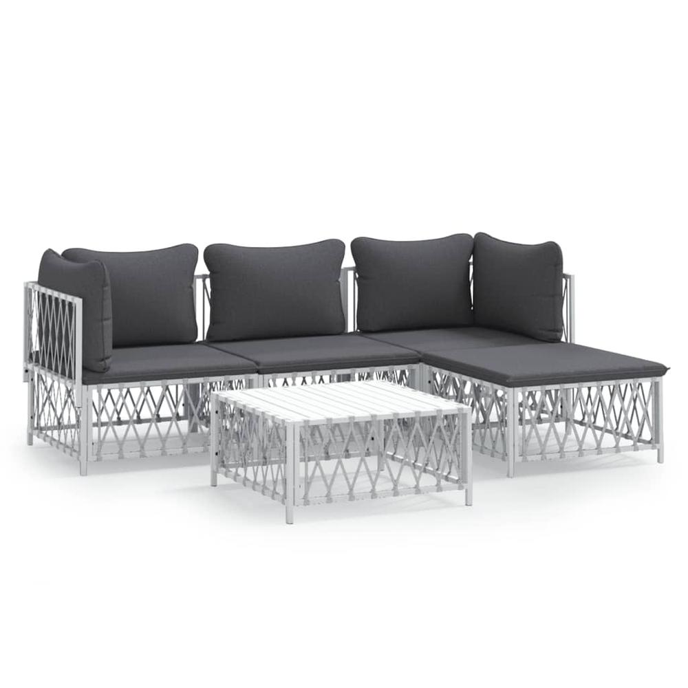 5 Piece Patio Lounge Set with Cushions White Steel. Picture 1