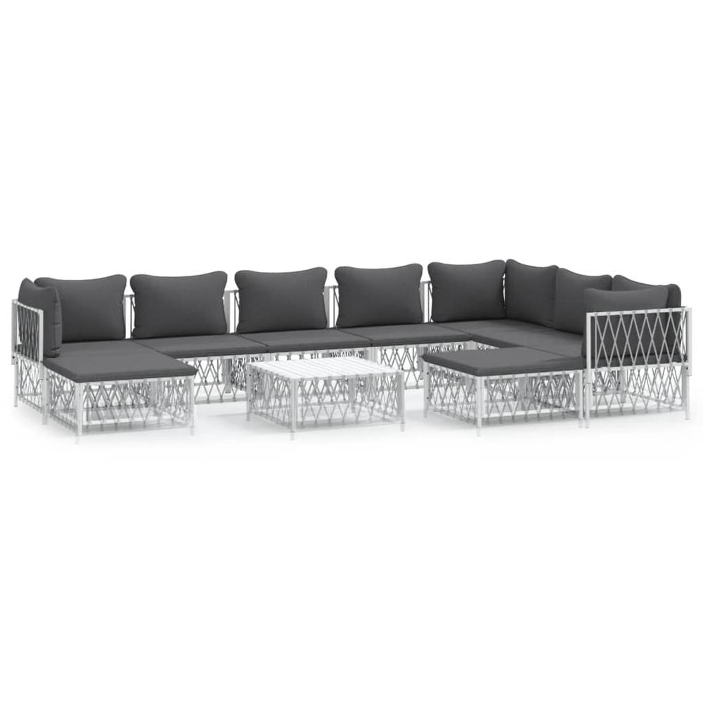 10 Piece Patio Lounge Set with Cushions White Steel. Picture 1