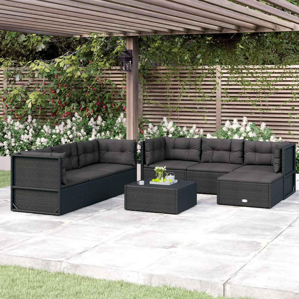 7 Piece Patio Lounge Set with Cushions Black Poly Rattan. Picture 12