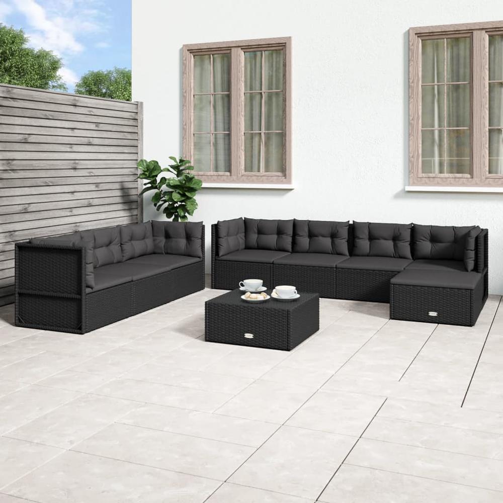 8 Piece Patio Lounge Set with Cushions Black Poly Rattan. Picture 12