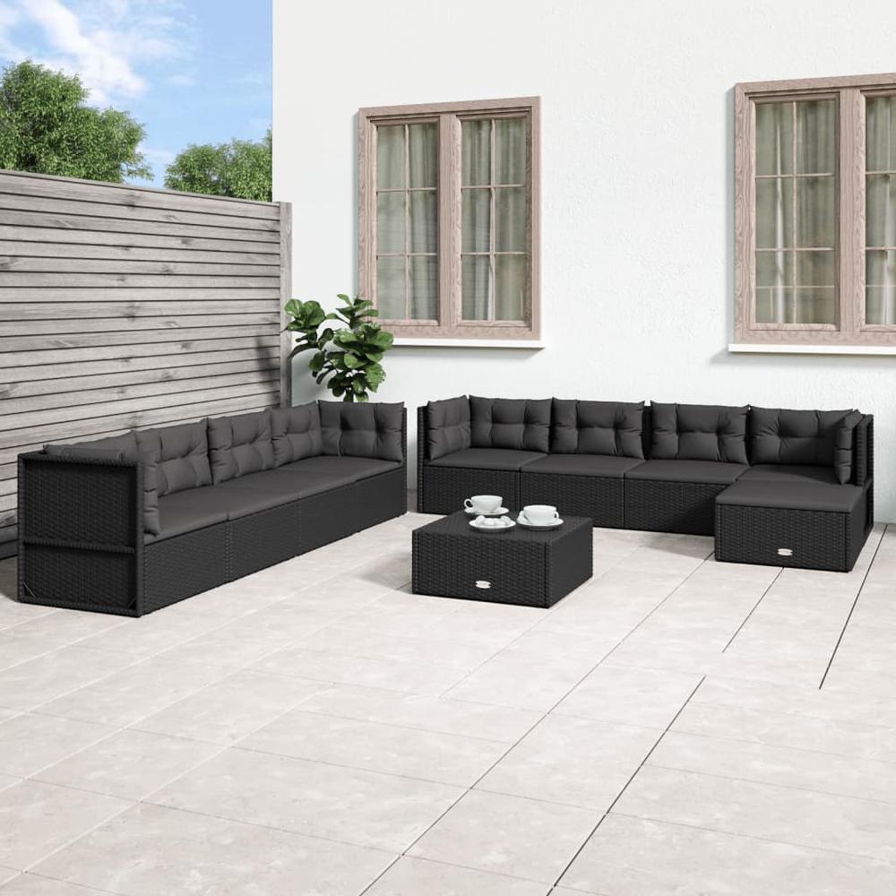 9 Piece Patio Lounge Set with Cushions Black Poly Rattan. Picture 12
