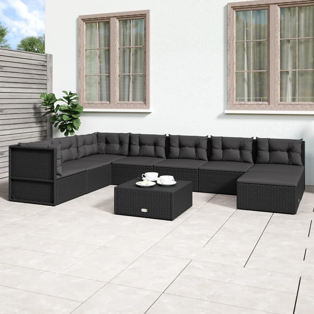 8 Piece Patio Lounge Set with Cushions Black Poly Rattan. Picture 12
