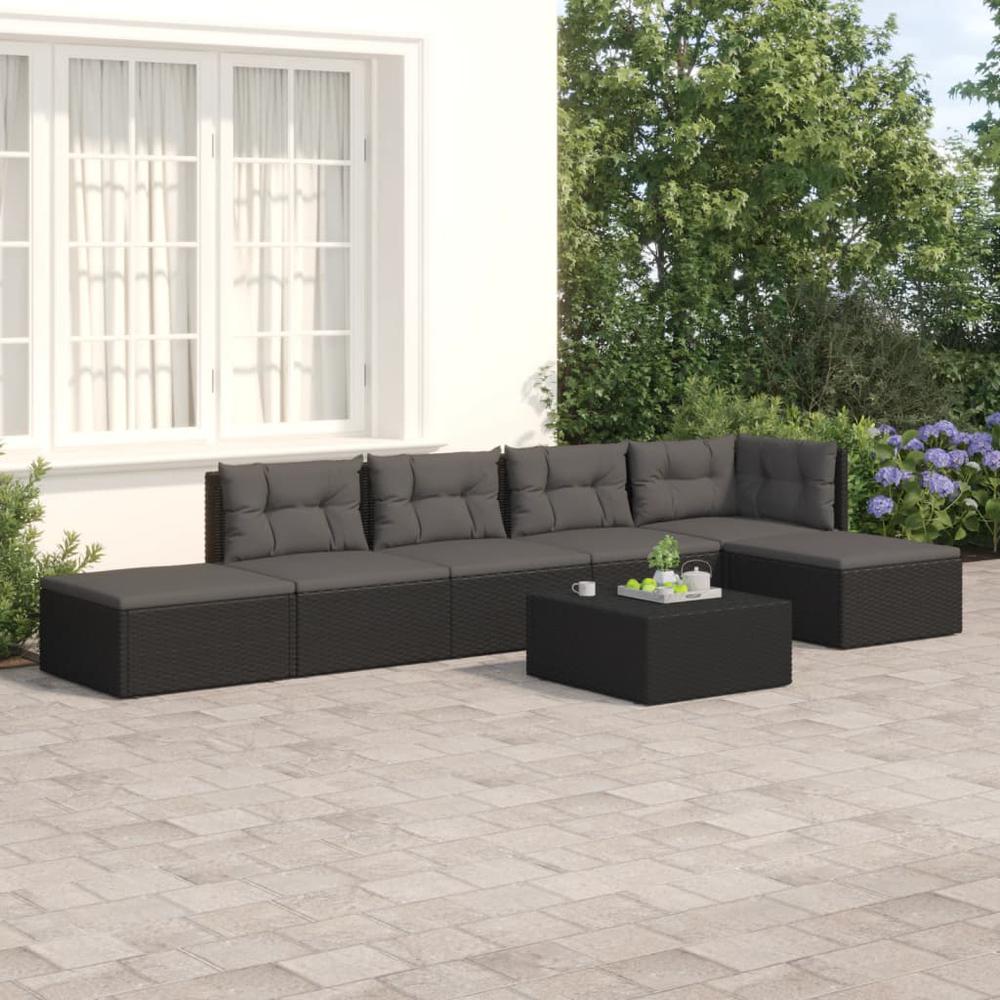 6 Piece Patio Lounge Set with Cushions Black Poly Rattan. Picture 11