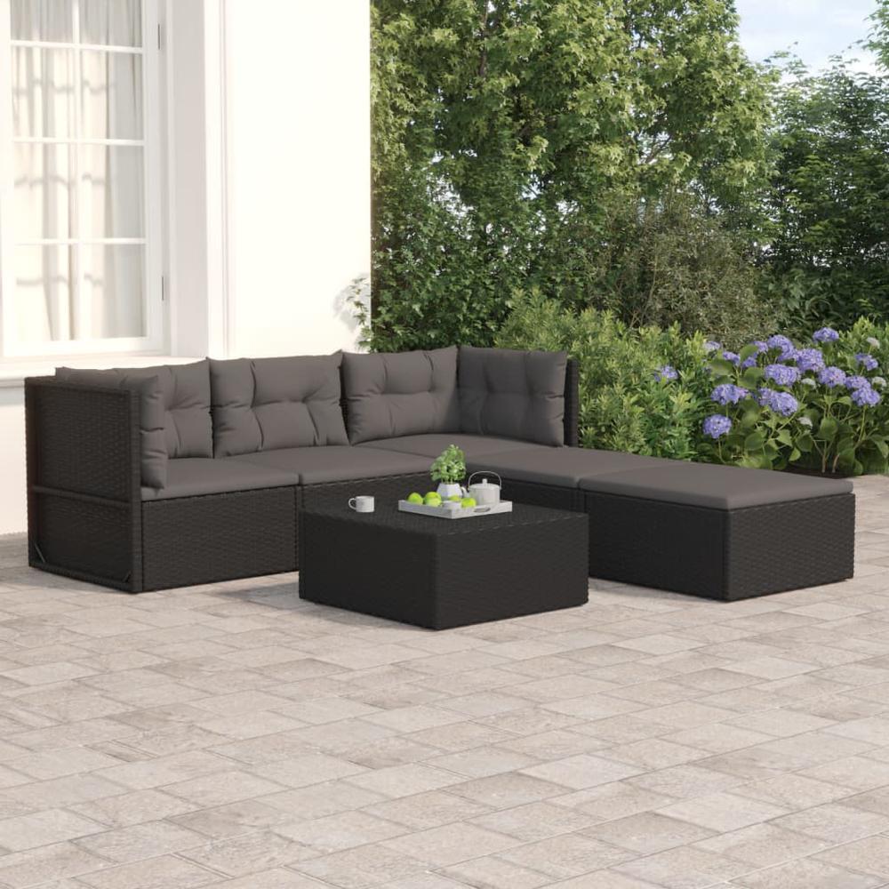 5 Piece Patio Lounge Set with Cushions Black Poly Rattan. Picture 11