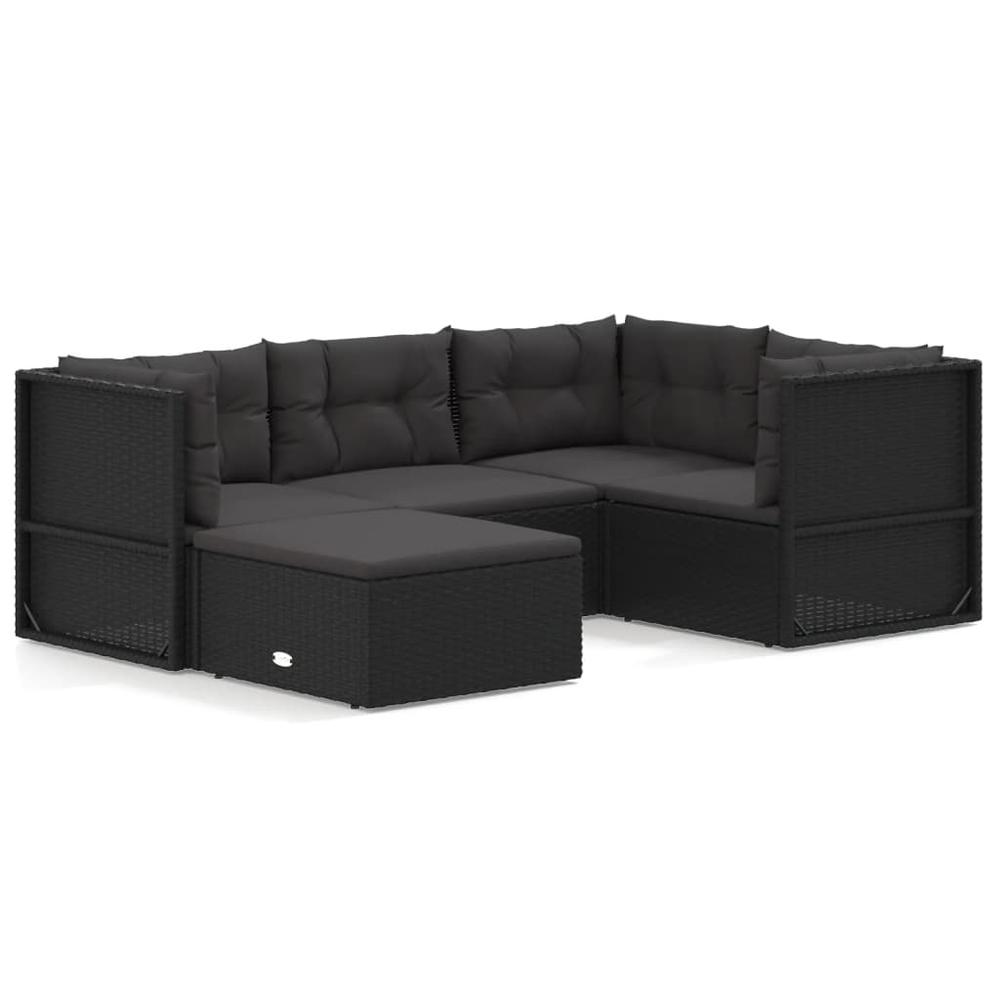 5 Piece Patio Lounge Set with Cushions Black Poly Rattan. Picture 1