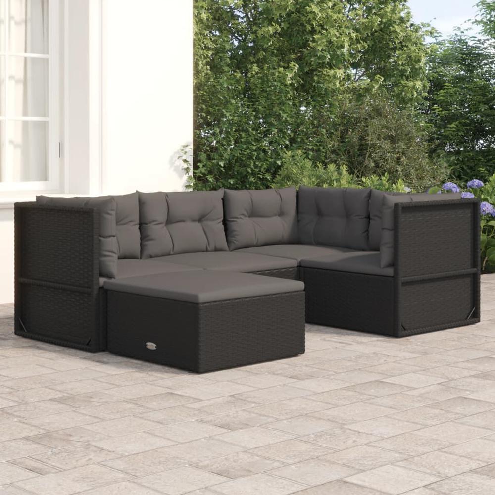5 Piece Patio Lounge Set with Cushions Black Poly Rattan. Picture 11