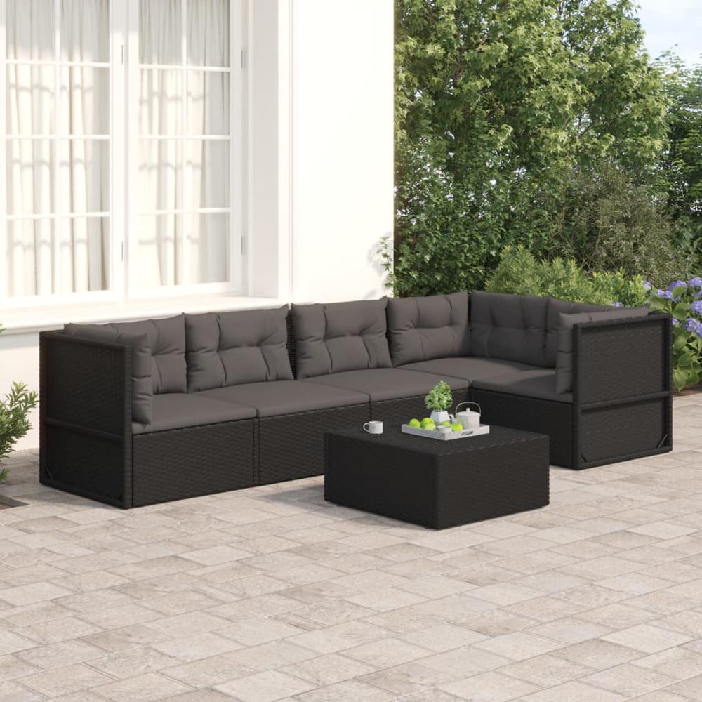 5 Piece Patio Lounge Set with Cushions Black Poly Rattan. Picture 9
