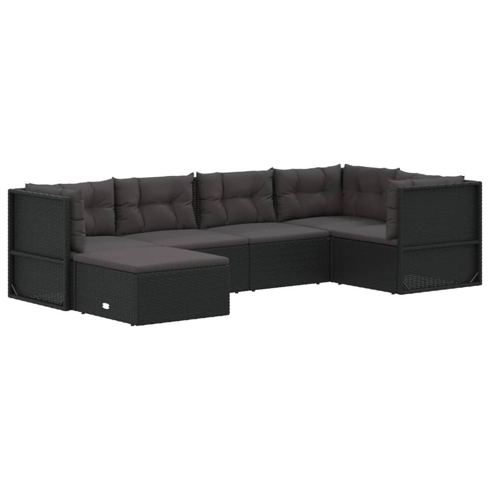 6 Piece Patio Lounge Set with Cushions Black Poly Rattan. Picture 2