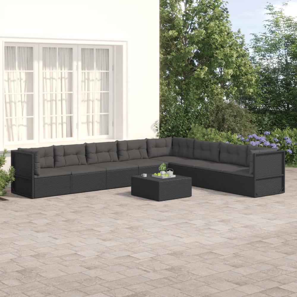 8 Piece Patio Lounge Set with Cushions Black Poly Rattan. Picture 9