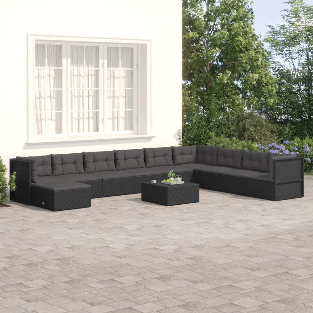 10 Piece Patio Lounge Set with Cushions Black Poly Rattan. Picture 11