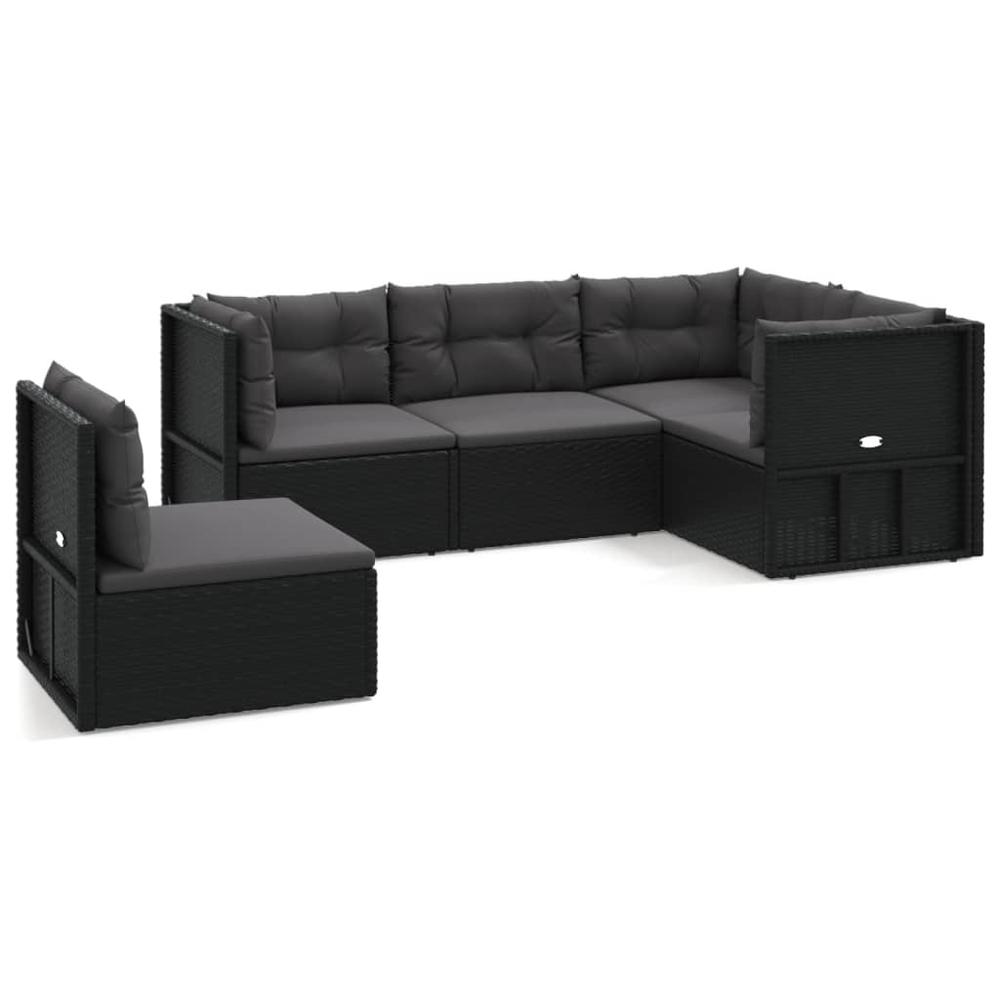 5 Piece Patio Lounge Set with Cushions Black Poly Rattan. Picture 1