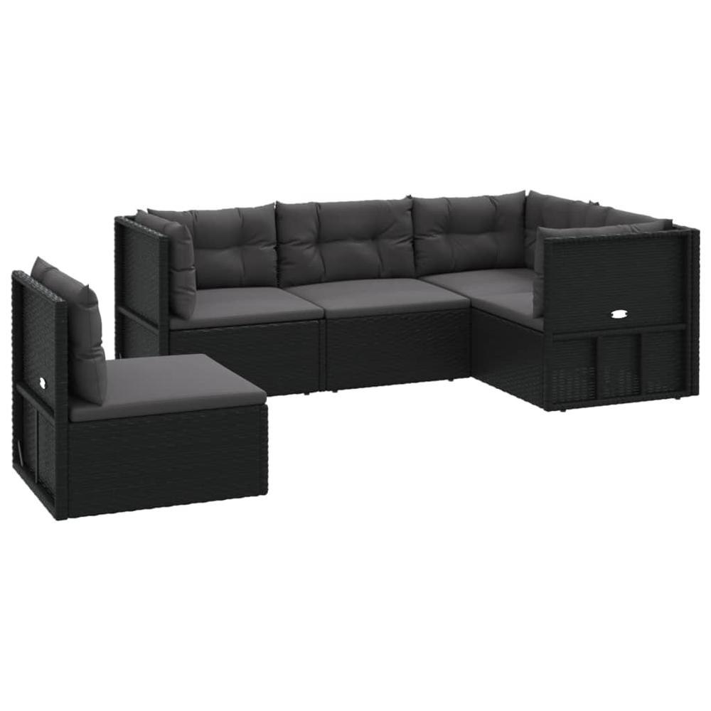 5 Piece Patio Lounge Set with Cushions Black Poly Rattan. Picture 2