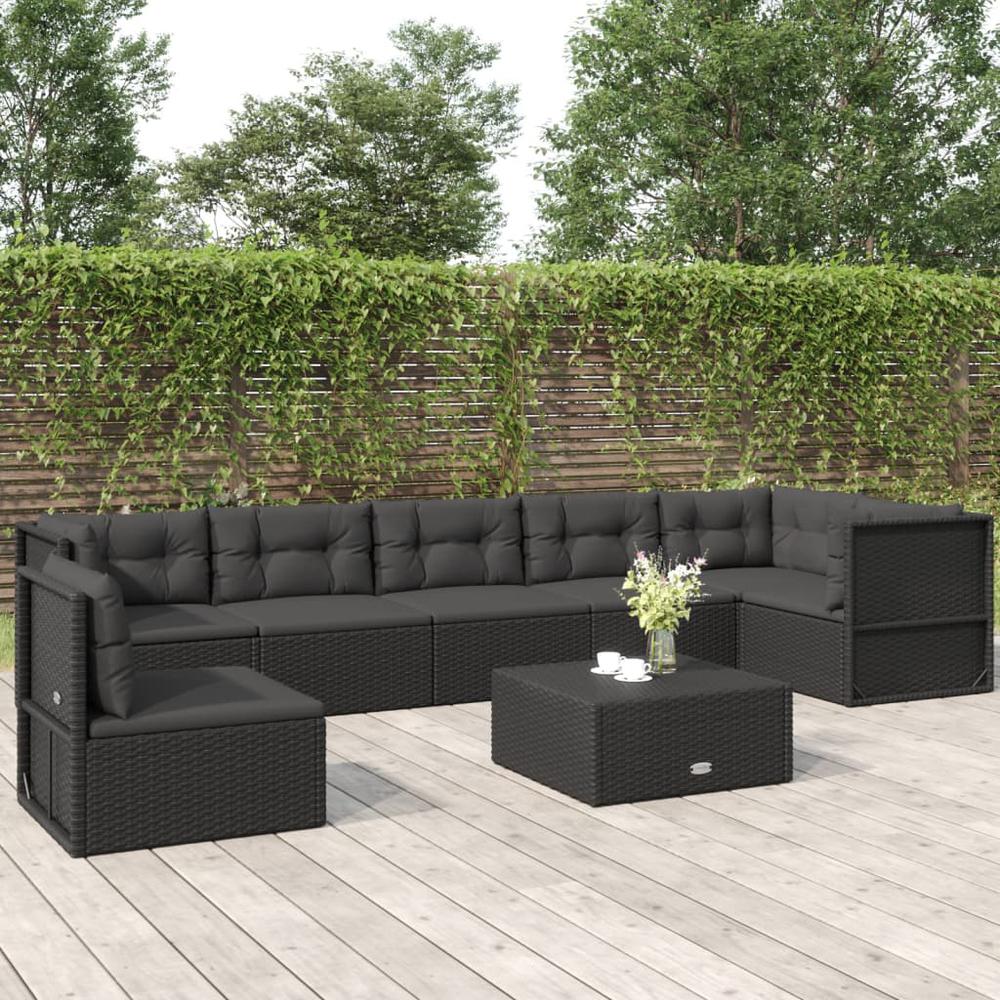 7 Piece Patio Lounge Set with Cushions Black Poly Rattan. Picture 9