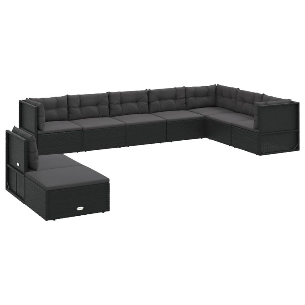 9 Piece Patio Lounge Set with Cushions Black Poly Rattan. Picture 2