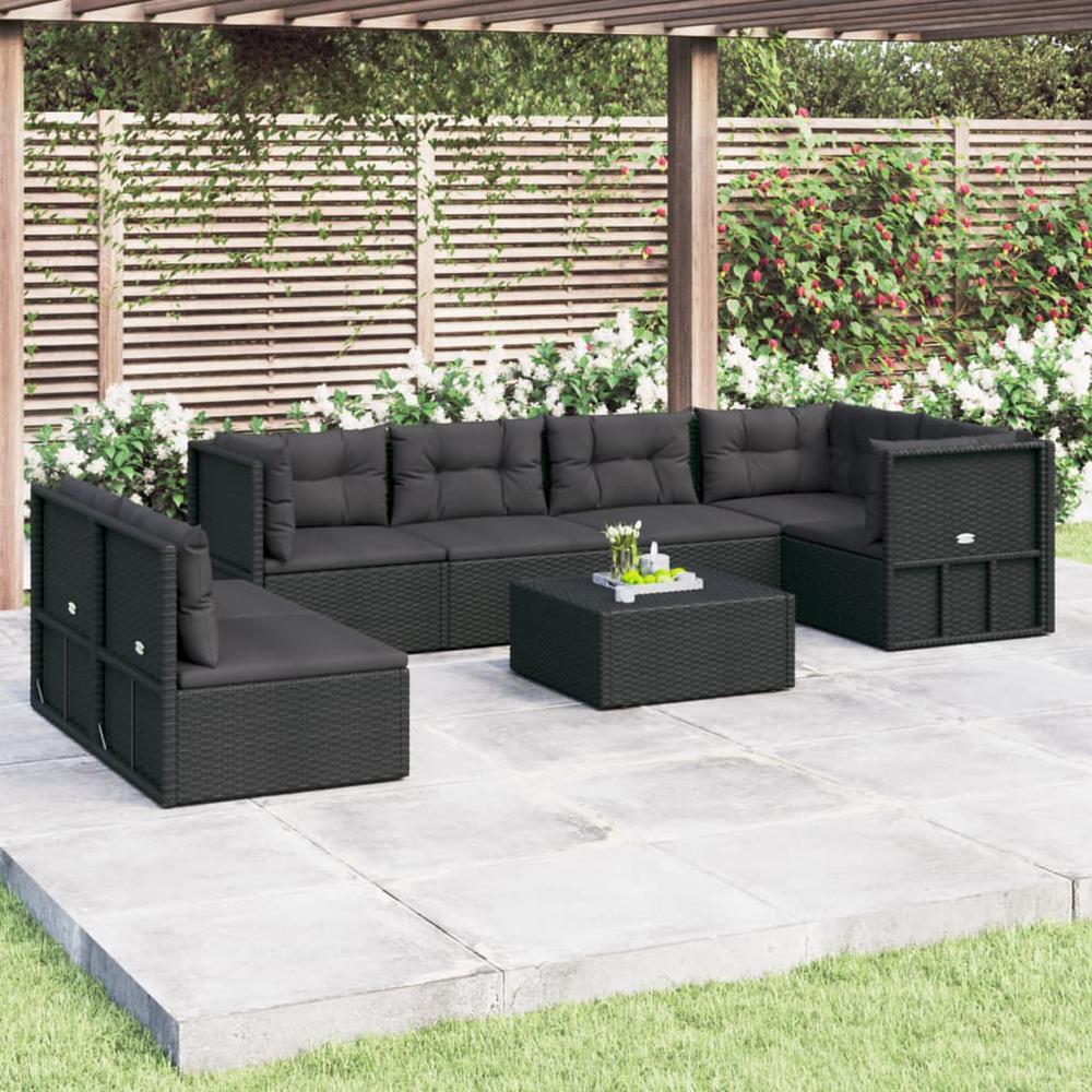 7 Piece Patio Lounge Set with Cushions Black Poly Rattan. Picture 9