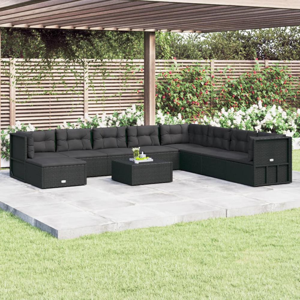 9 Piece Patio Lounge Set with Cushions Black Poly Rattan. Picture 11