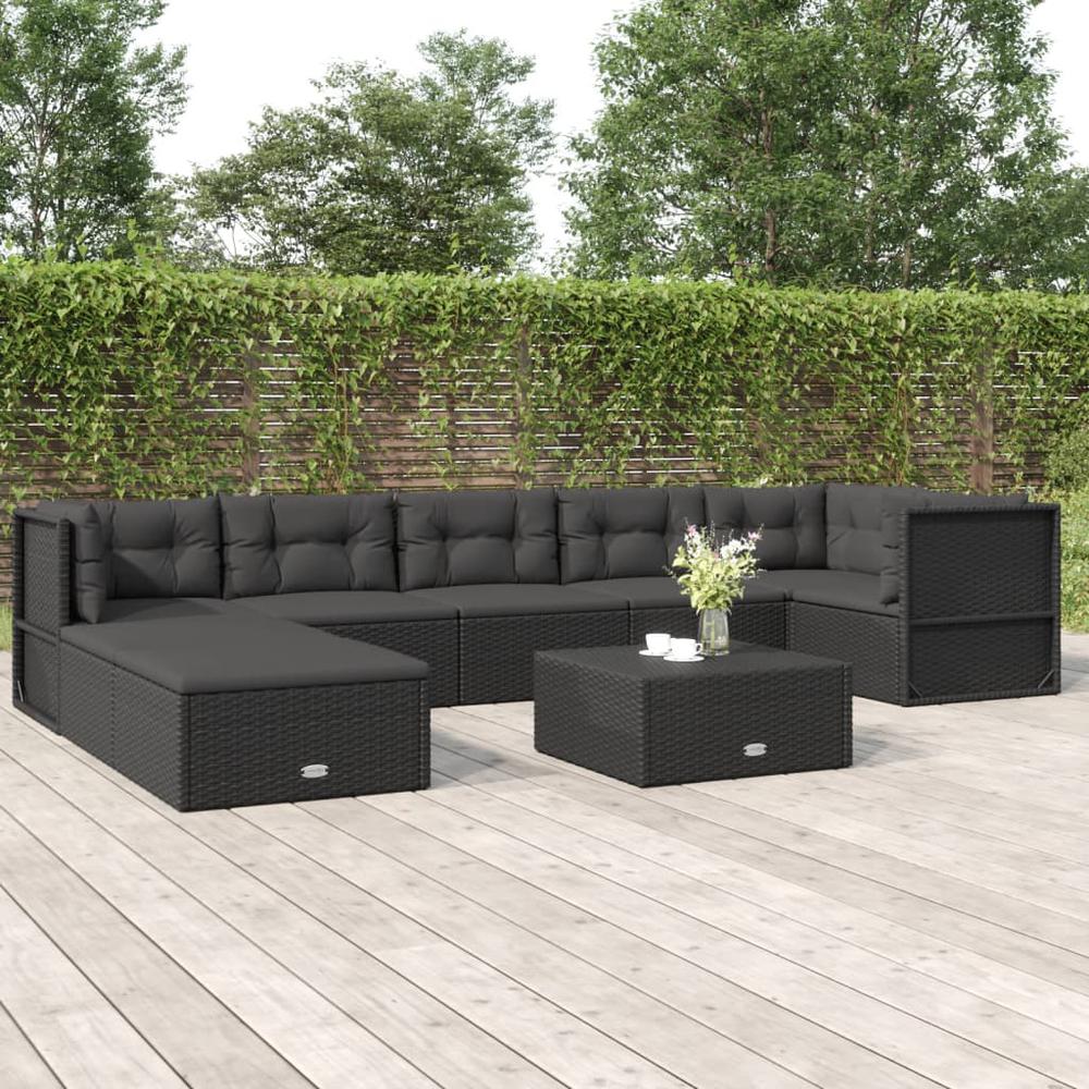 8 Piece Patio Lounge Set with Cushions Black Poly Rattan. Picture 11