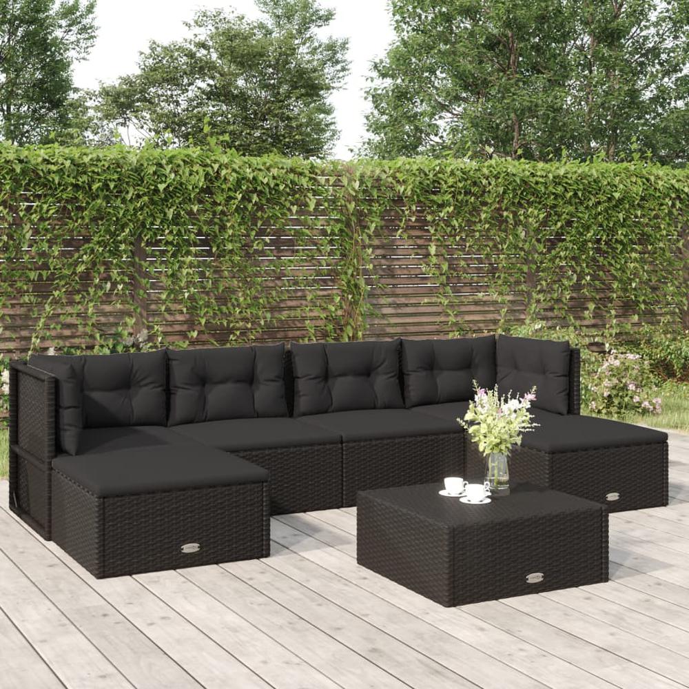 6 Piece Patio Lounge Set with Cushions Black Poly Rattan. Picture 11