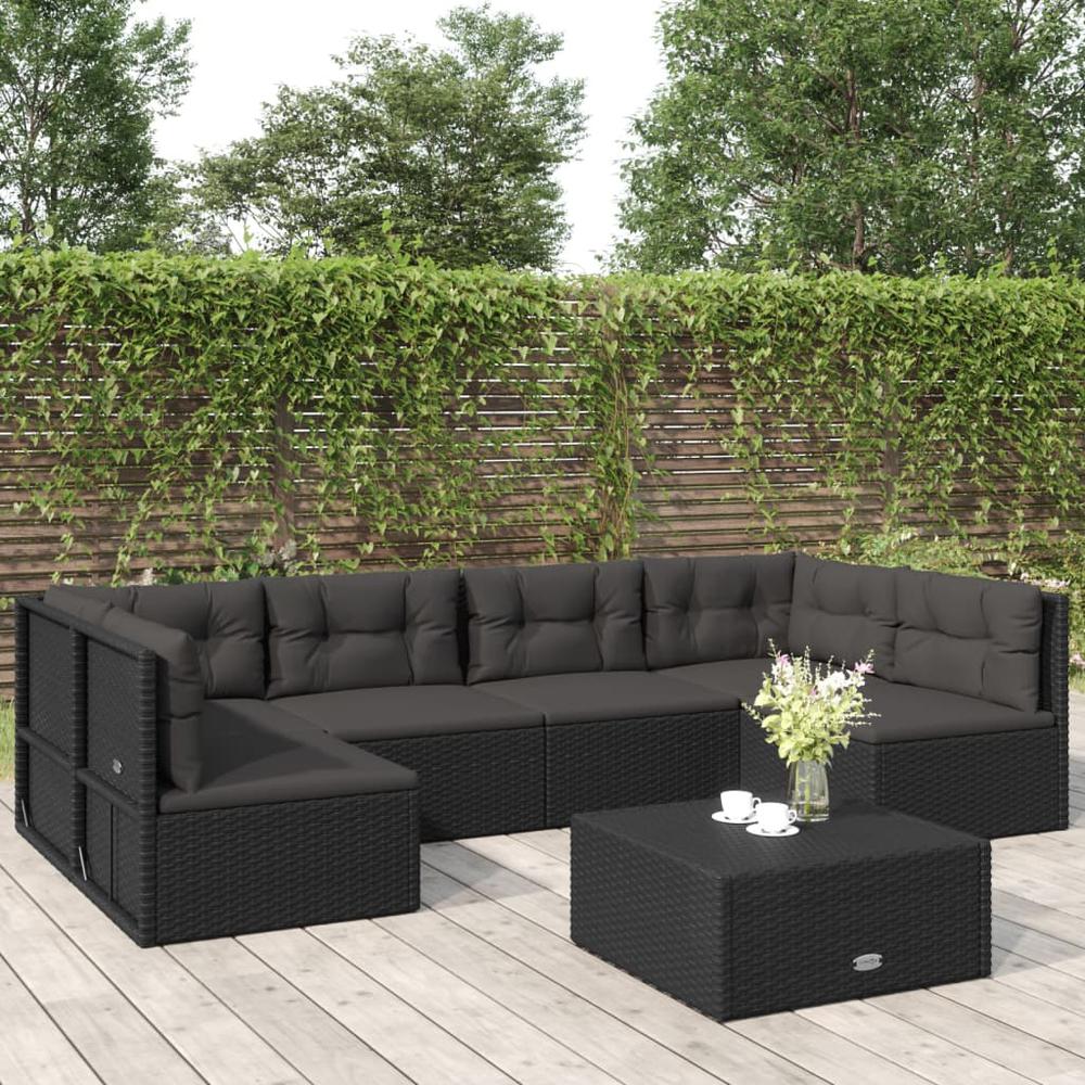 6 Piece Patio Lounge Set with Cushions Black Poly Rattan. Picture 9