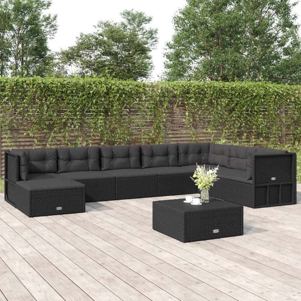 8 Piece Patio Lounge Set with Cushions Black Poly Rattan. Picture 11