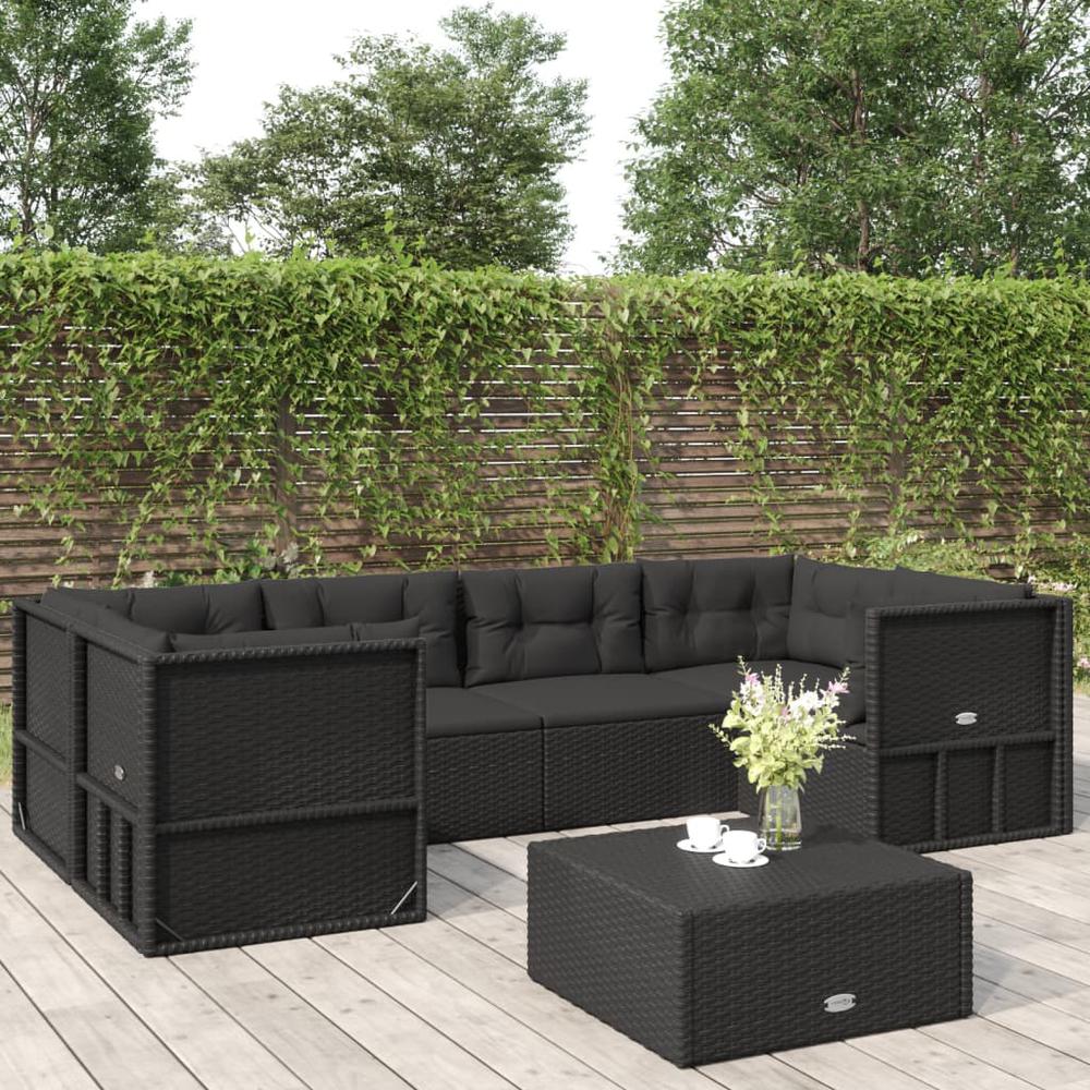 6 Piece Patio Lounge Set with Cushions Black Poly Rattan. Picture 9