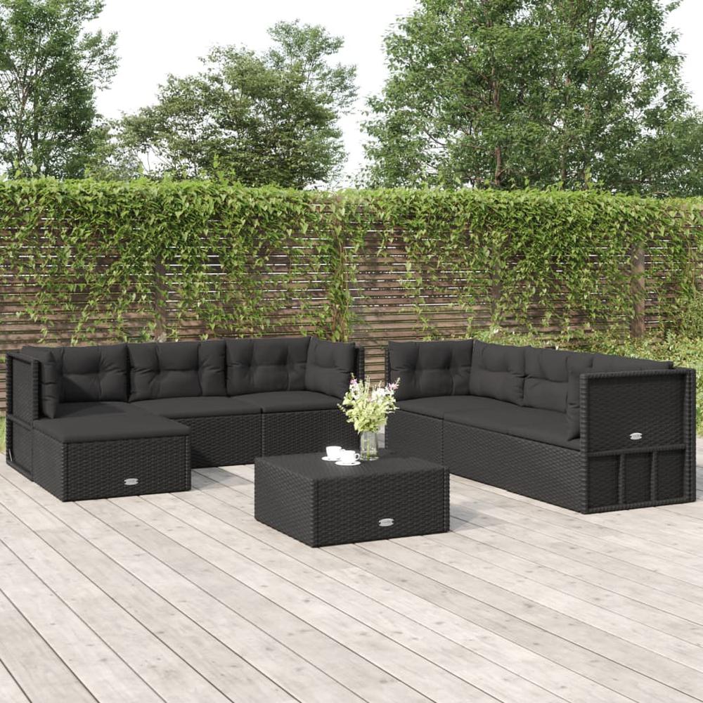 7 Piece Patio Lounge Set with Cushions Black Poly Rattan. Picture 11